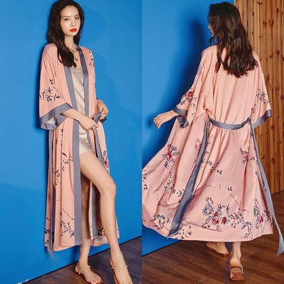 Kimono Femme Nuit Satin Rose Clair