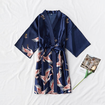 Peignoir Satin Femme Bleu Marine Motif Oiseaux