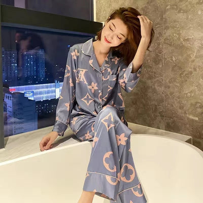 Pyjama satin femme Bleu à Motif