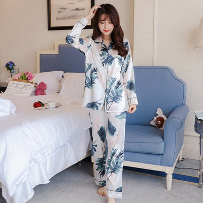 Ensemble Pyjama Satin Fleuri Blanc