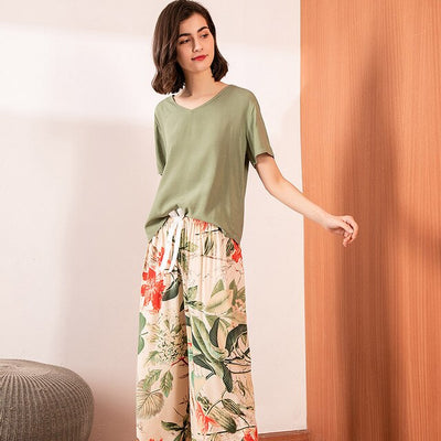 Pyjama Satin Fleuri Vert